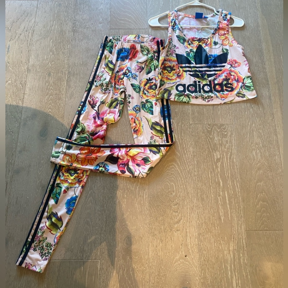 Adidas pink floral leggings and tank set